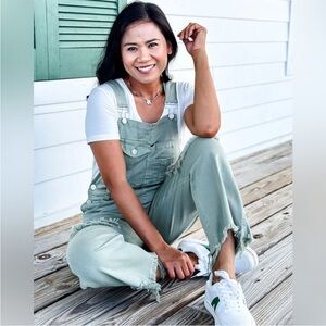 Risen Overalls Straight Leg Denim Olive Distressed Raw Hem